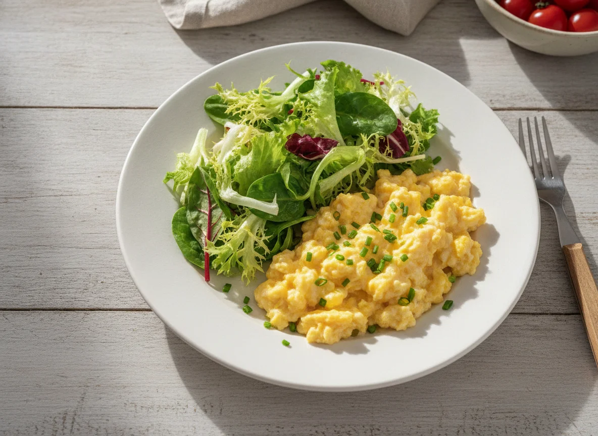 Rührei mit grünem Salat photo