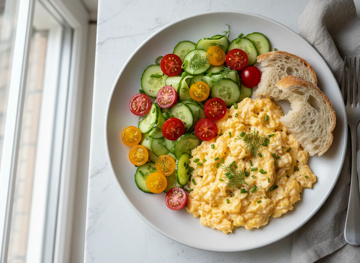 Rührei mit Gurken- und Tomatensalat photo
