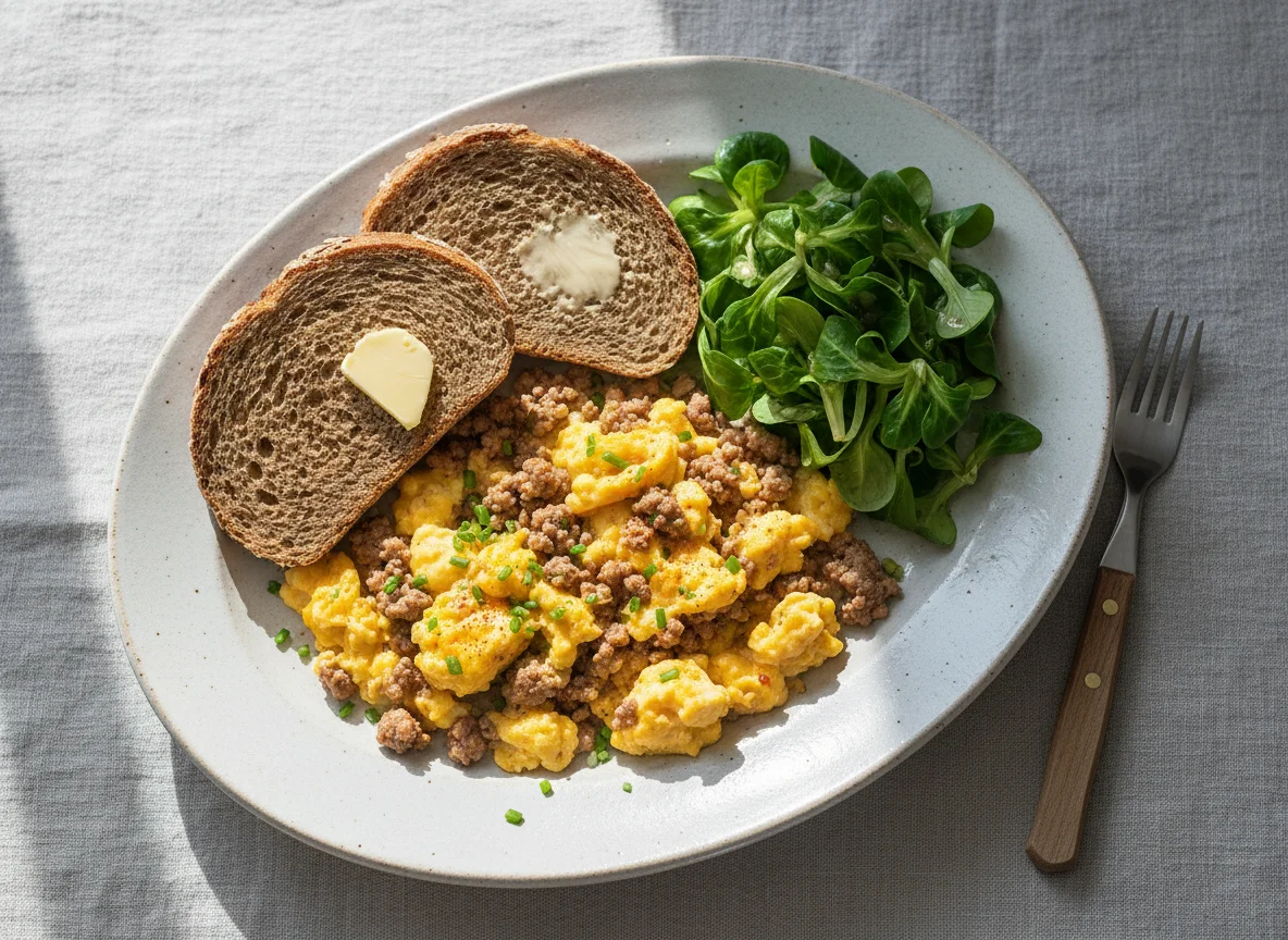Rührei mit Hackfleisch und Brot photo