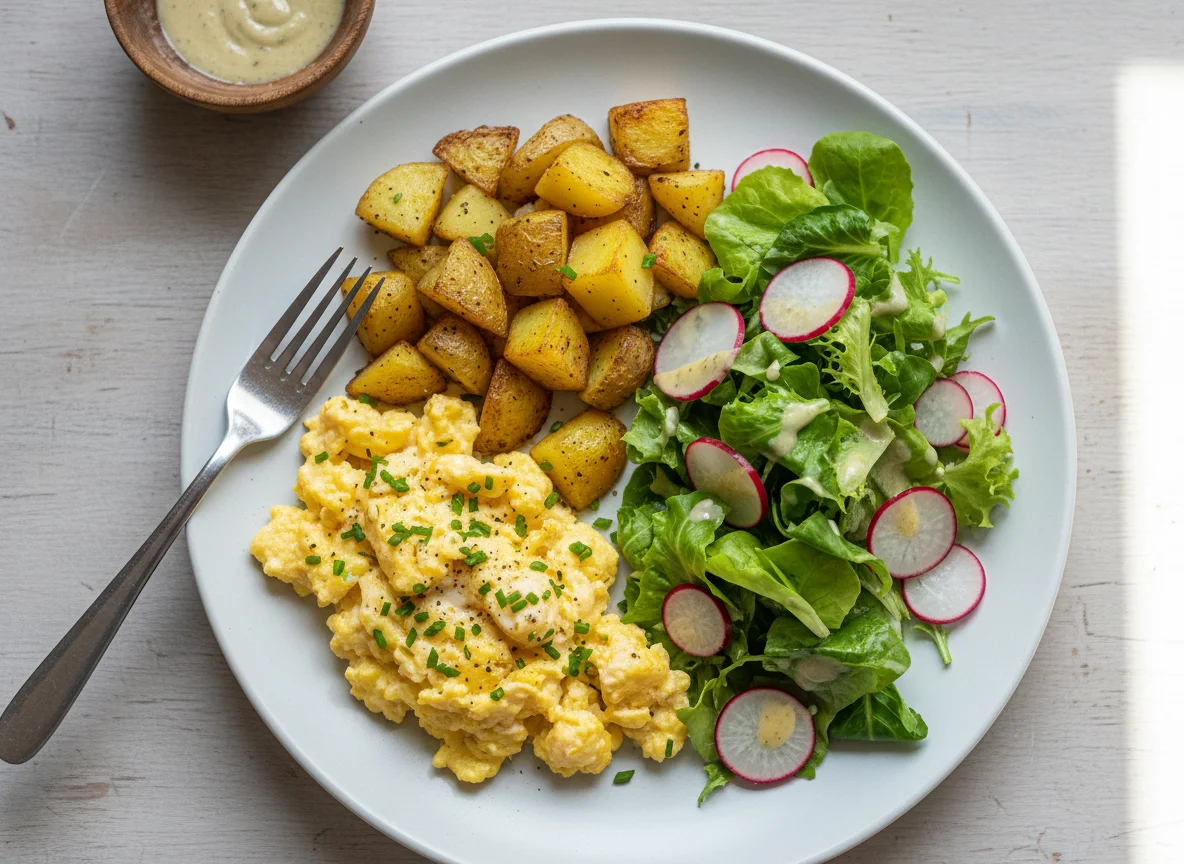 Rührei mit Kartoffeln und Salat photo