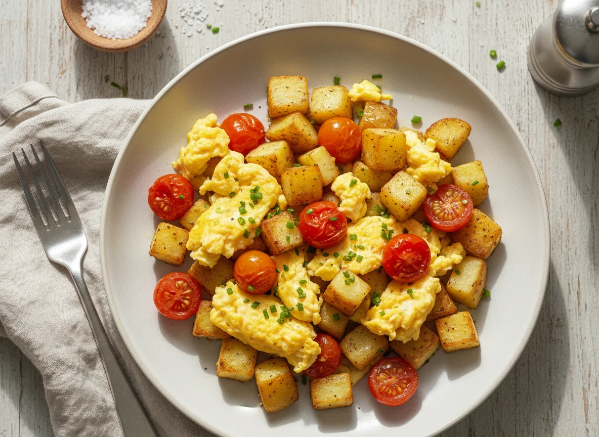 Rührei mit Kartoffeln und Tomaten photo