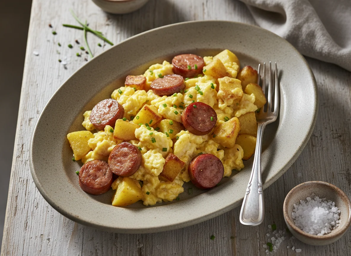 Rührei mit Kartoffeln und Wurst photo