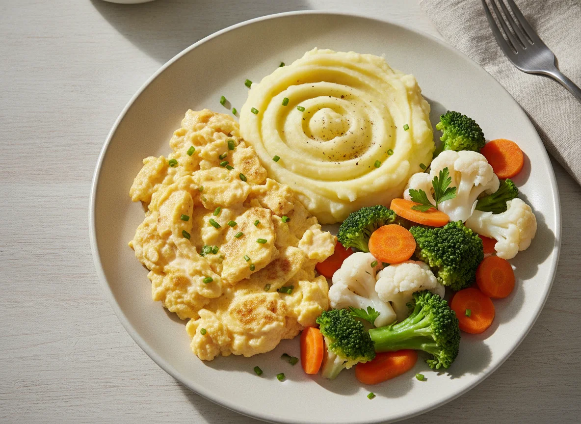 Rührei mit Kartoffelpüree und Mischgemüse photo