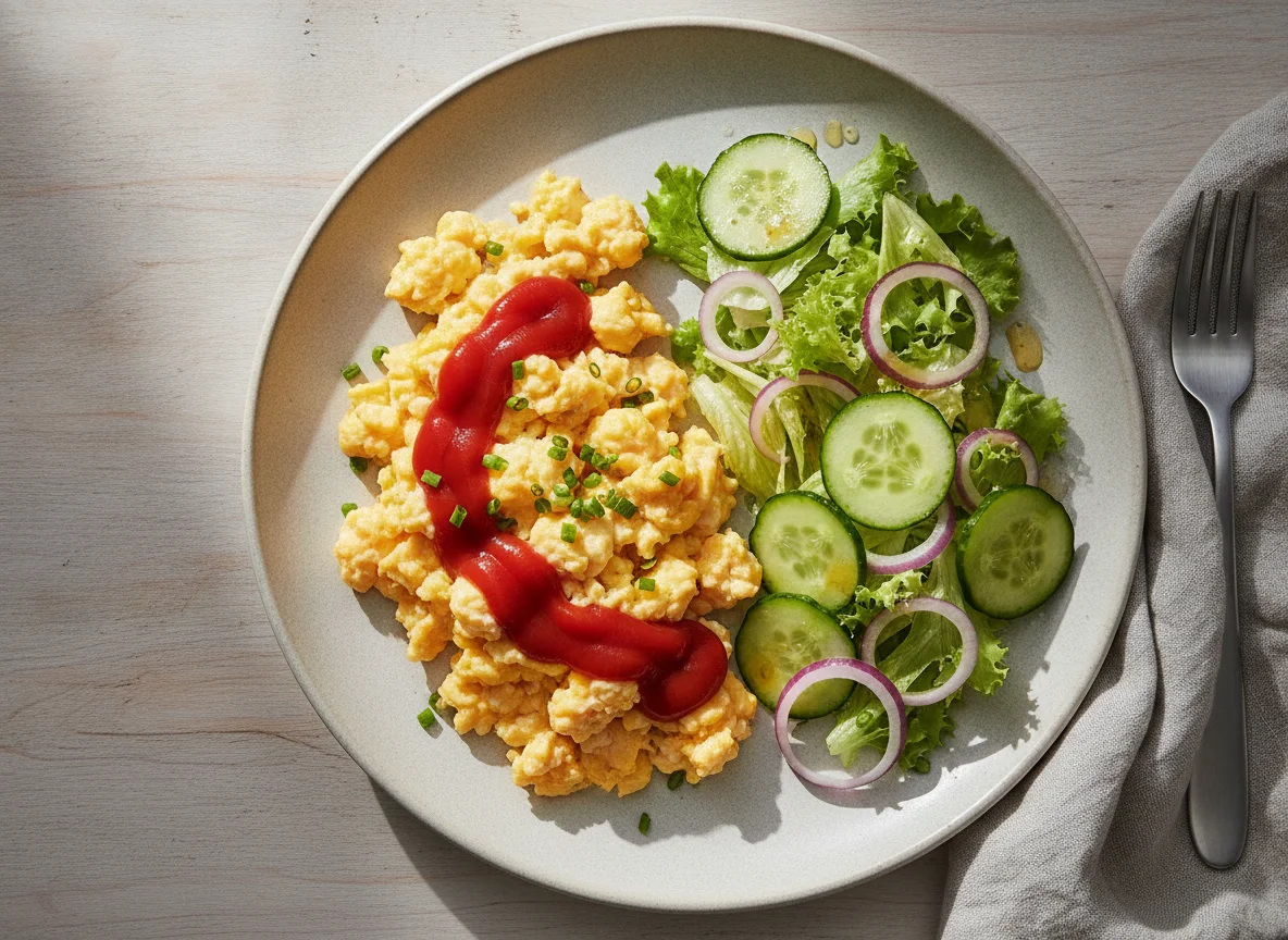 Rührei mit Ketchup und gemischter Salat photo