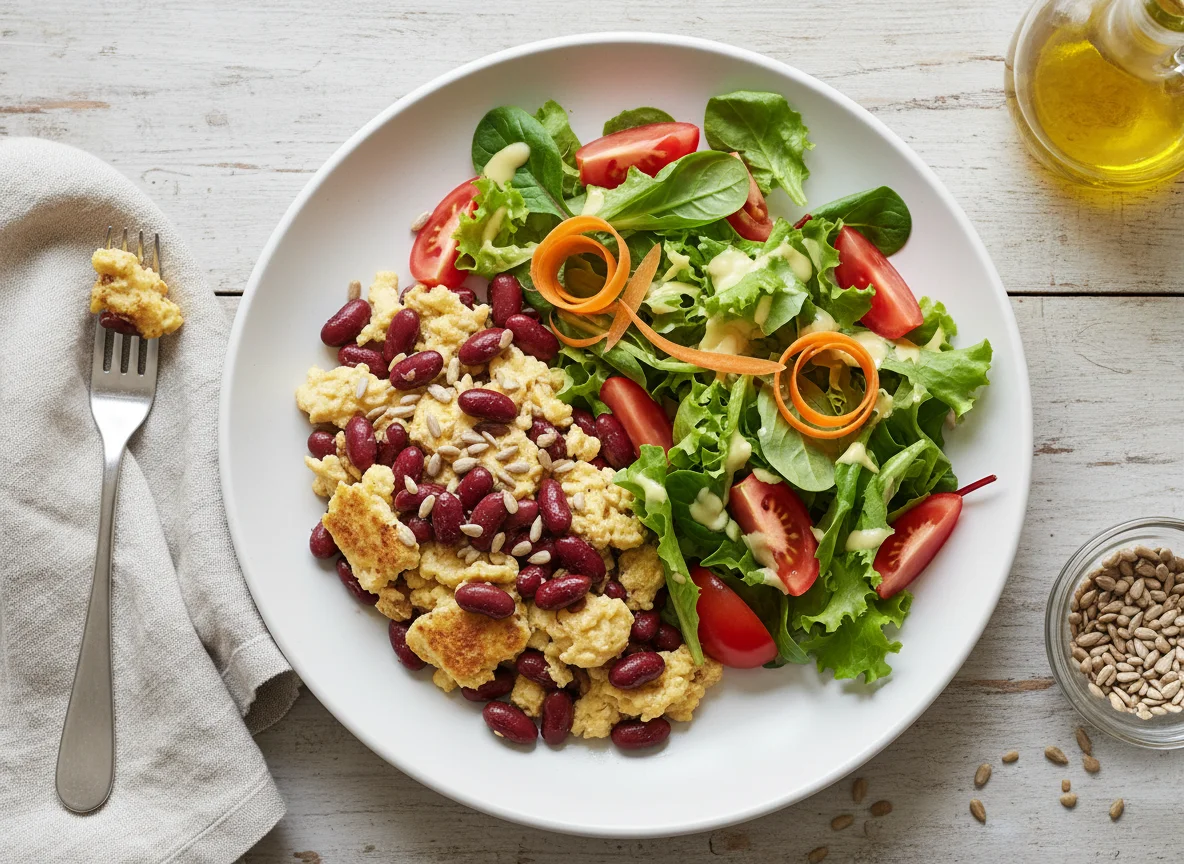 Rührei mit Kidneybohnen und Salat photo