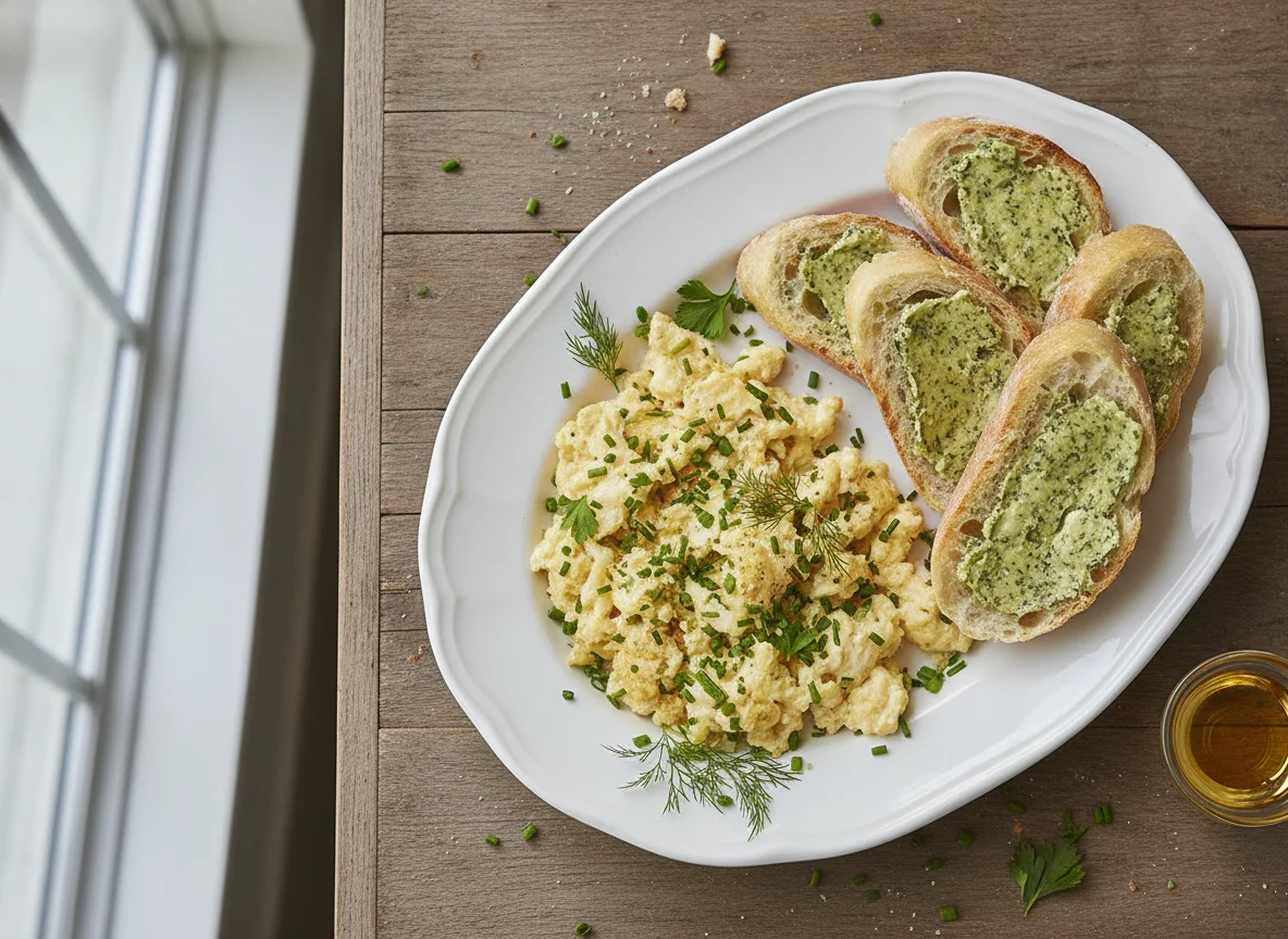 Rührei mit Kräuterbaguette photo