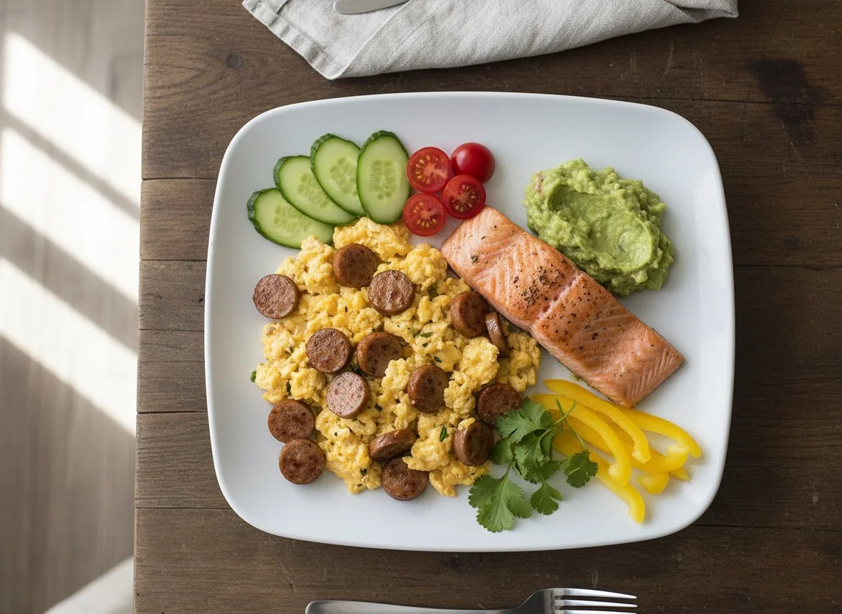 Rührei mit Lachs, Guacamole und Gemüse photo