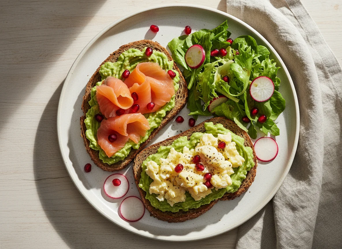 Rührei mit Lachs und Avocado auf Brot mit Beilagensalat photo