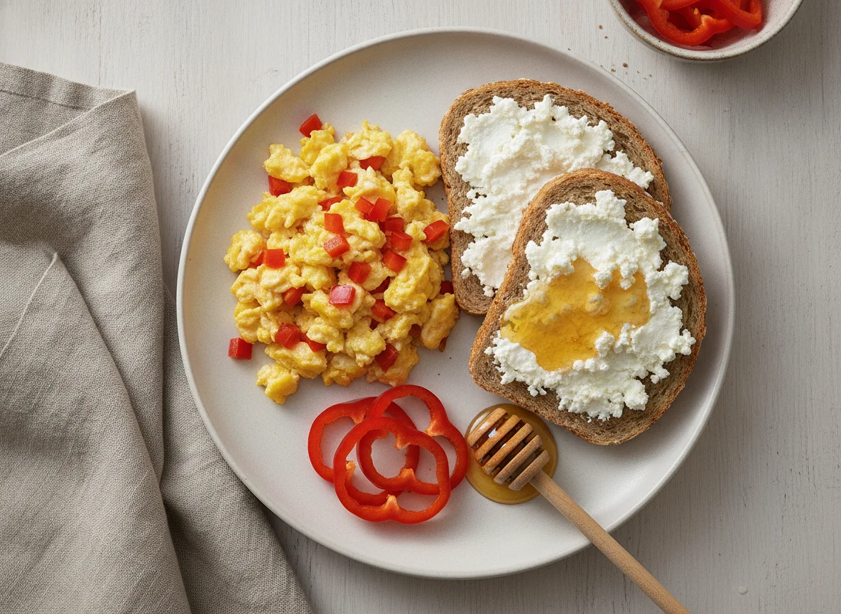 Rührei mit Paprika, Hüttenkäse-Brot und Honig photo