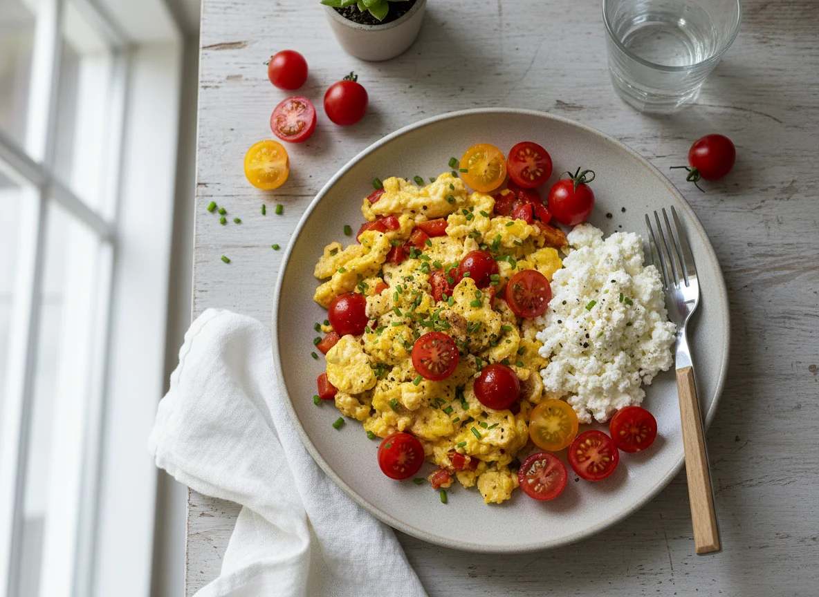 Rührei mit Paprika, Kirschtomaten und Hüttenkäse photo