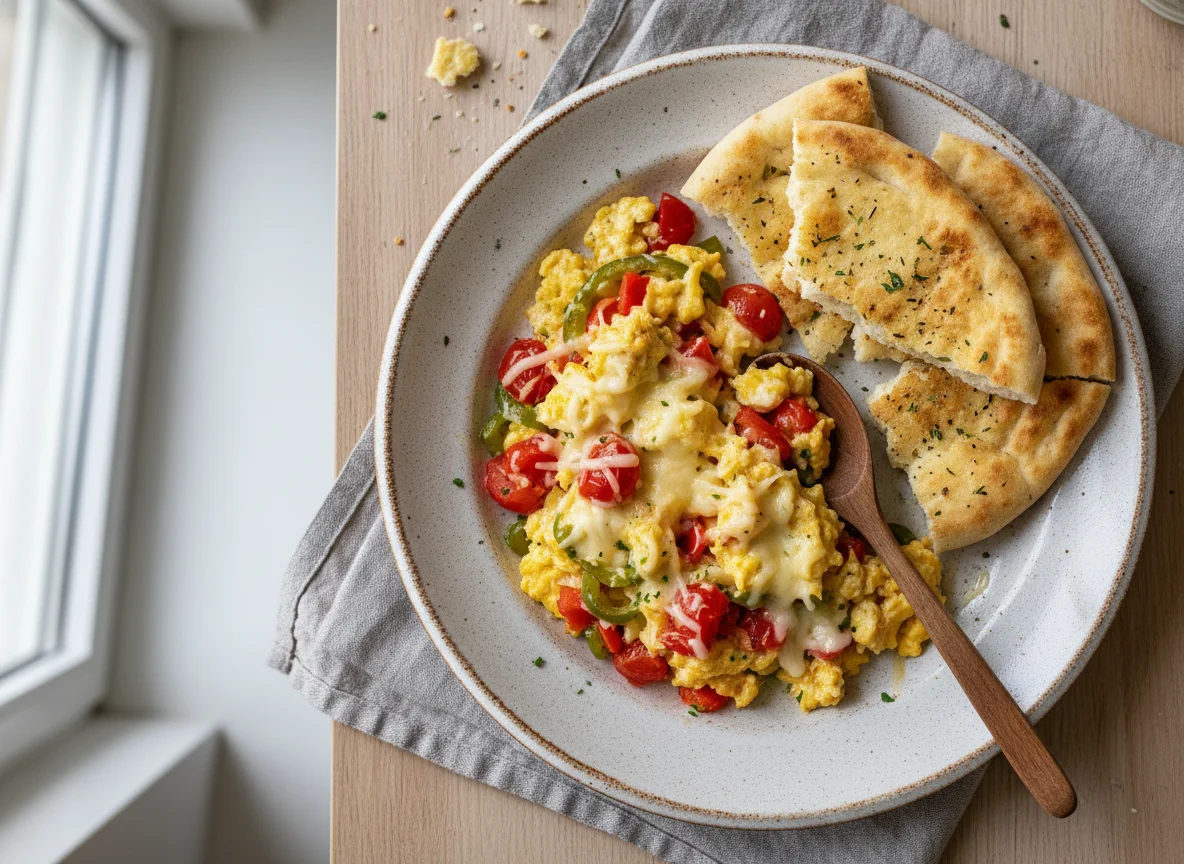 Rührei mit Paprika, Tomaten und Käse mit Fladenbrot photo