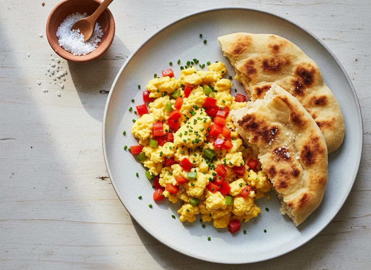 Rührei mit Paprika und Fladenbrot photo