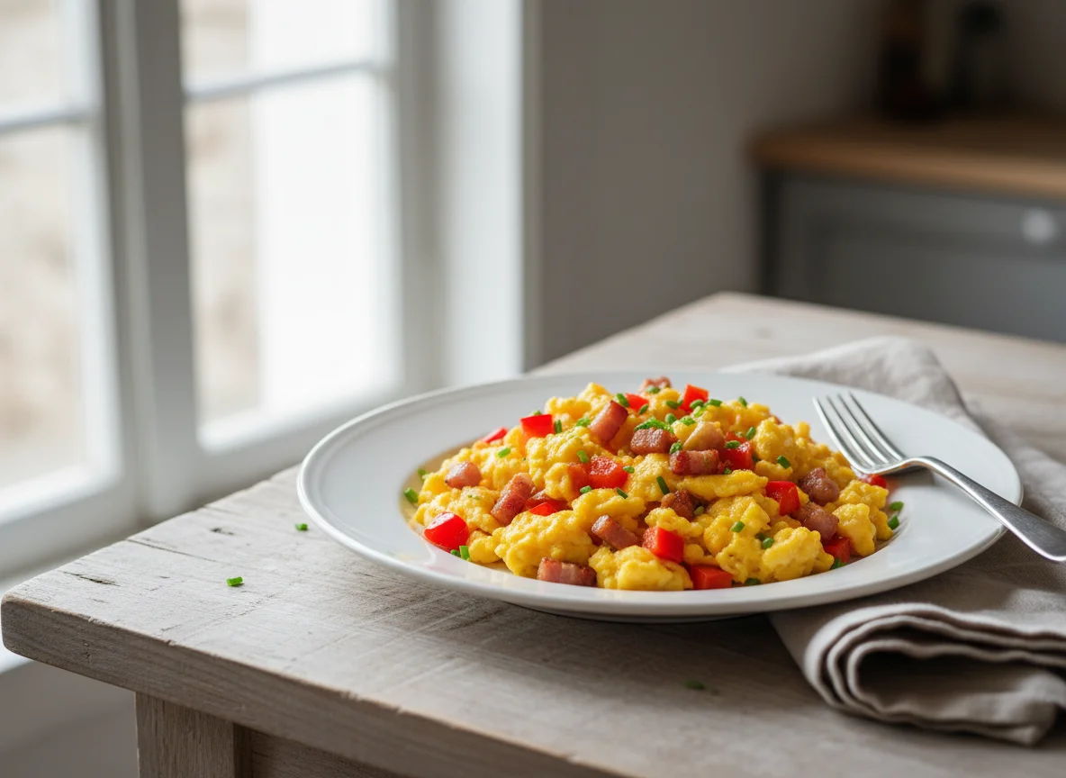 Rührei mit Paprika und Speck photo