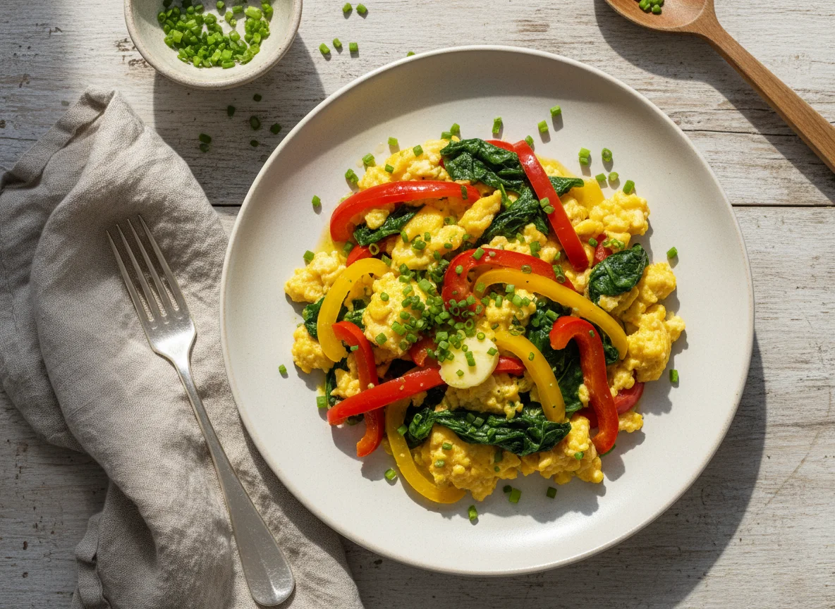 Rührei mit Paprika und Spinat photo