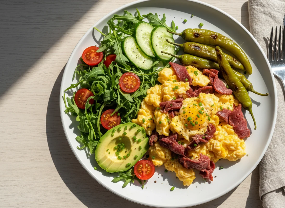 Rührei mit Pastirma und Salat photo