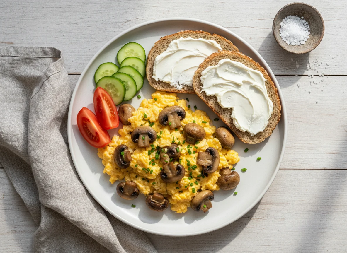 Rührei mit Pilzen, Tomate und Vollkornbrot photo
