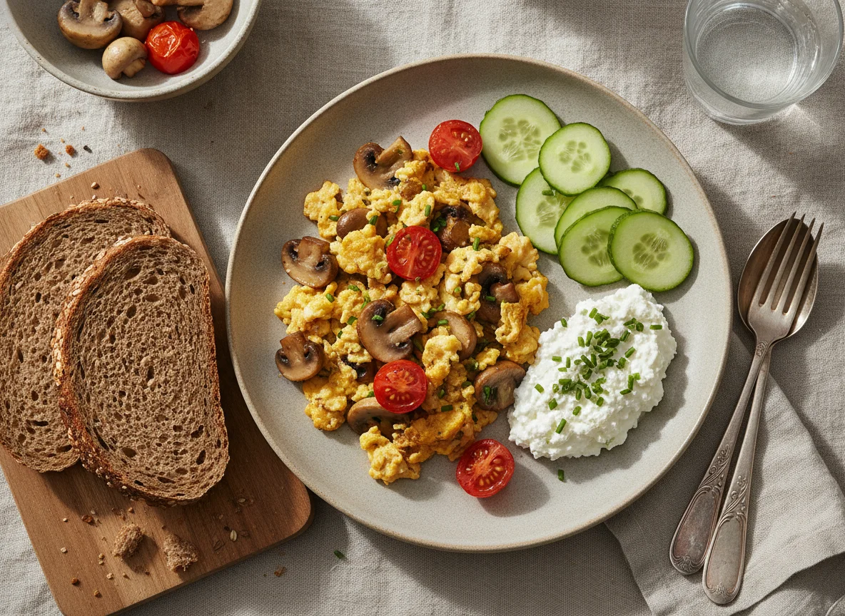 Rührei mit Pilzen, Tomaten, Hüttenkäse und Vollkornbrot photo