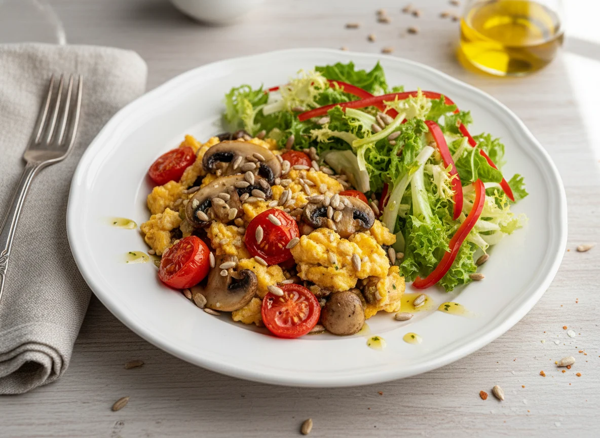 Rührei mit Pilzen, Tomaten und Salat photo