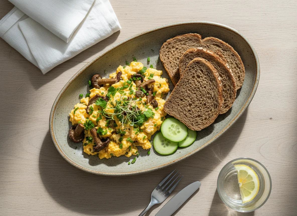 Rührei mit Pilzen und Brot photo