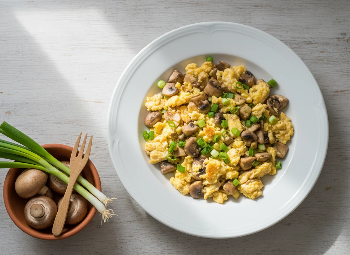 Rührei mit Pilzen und Frühlingszwiebeln photo