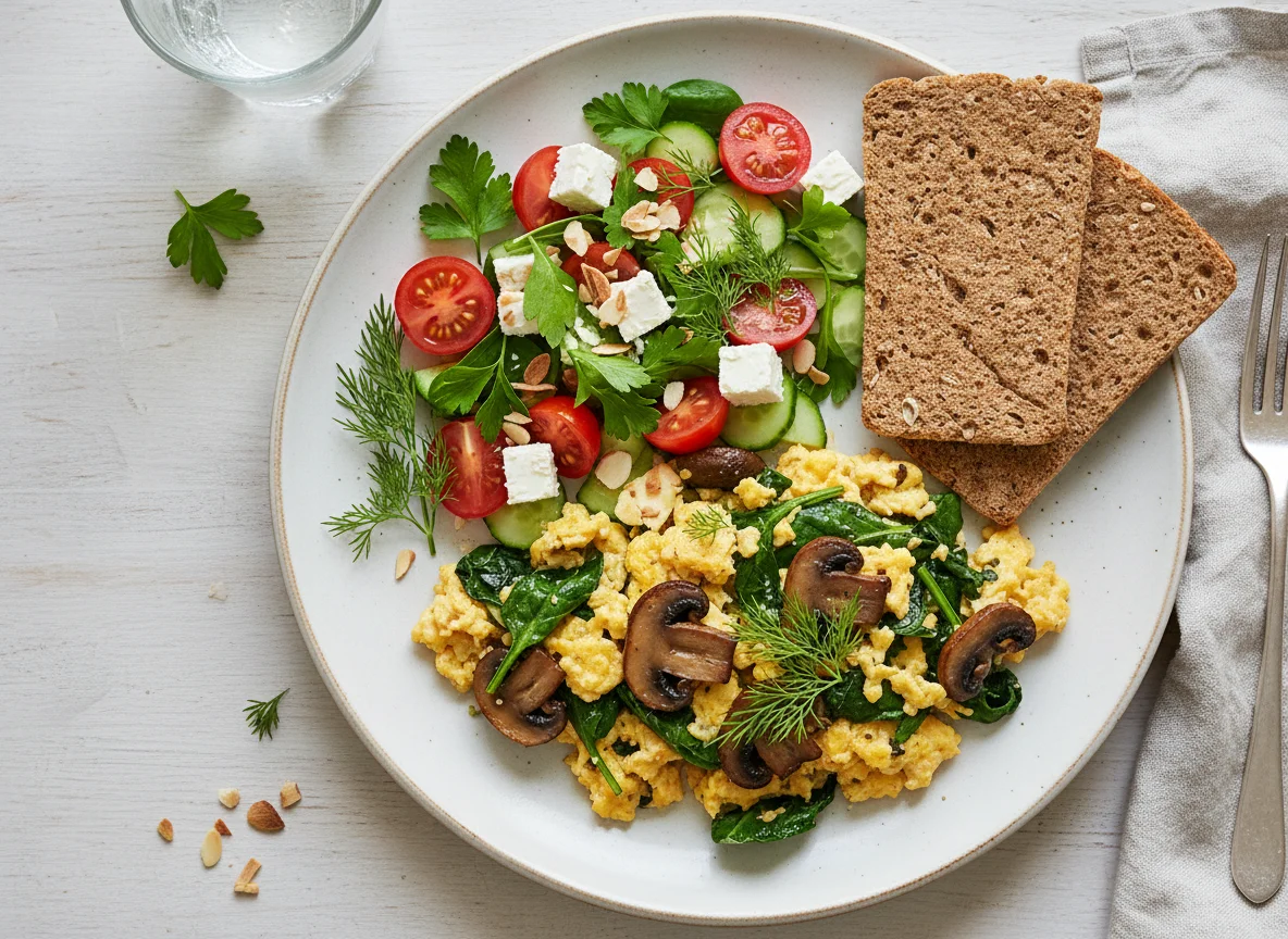 Rührei mit Pilzen und Salat photo