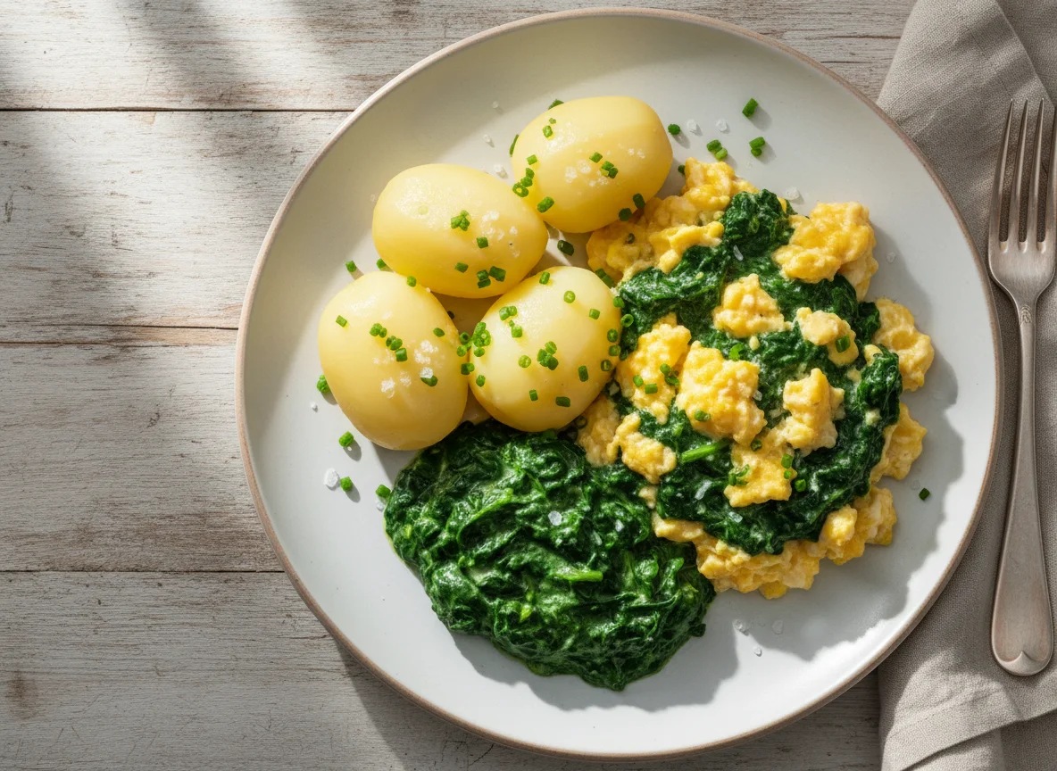 Rührei mit Rahmspinat und Kartoffeln photo