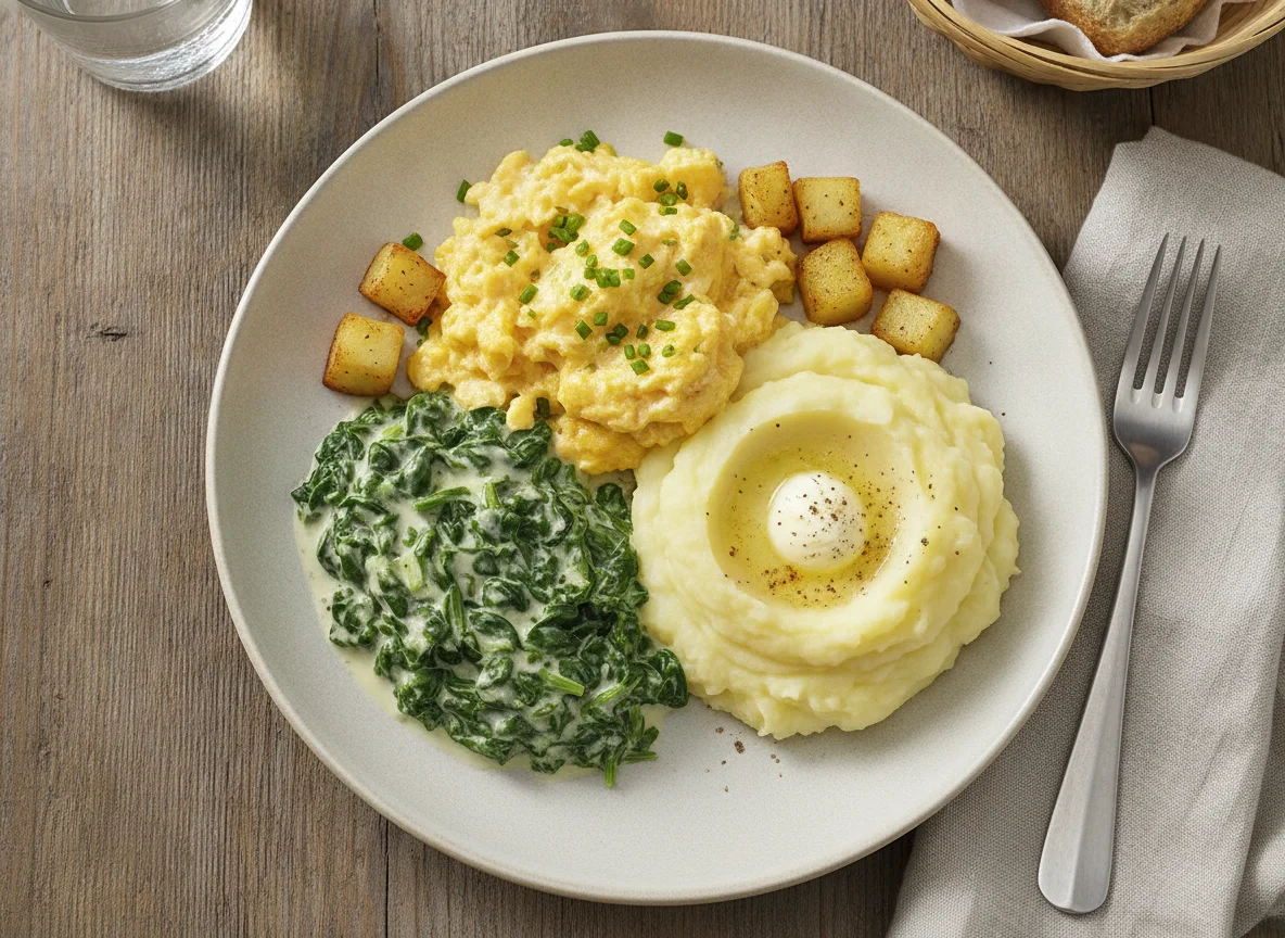 Rührei mit Rahmspinat und Kartoffelpüree photo