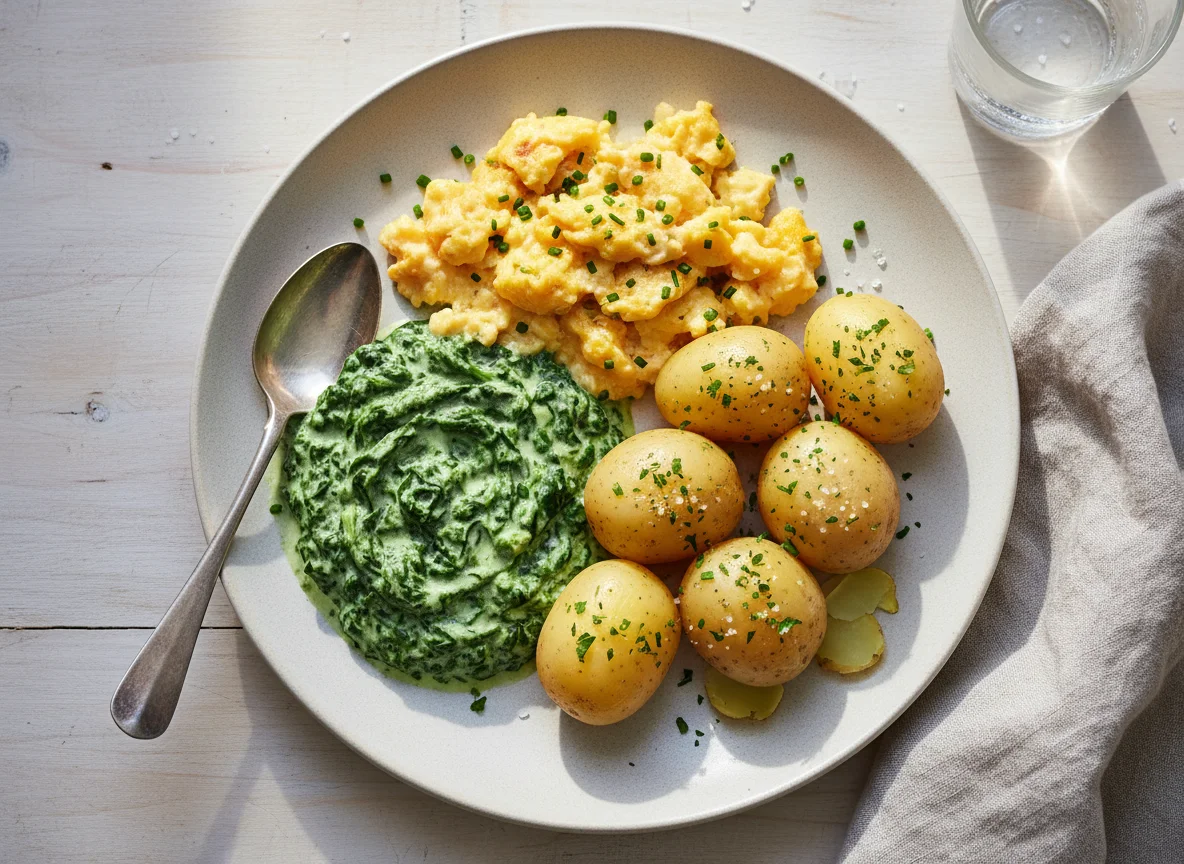 Rührei mit Rahmspinat und Salzkartoffeln photo