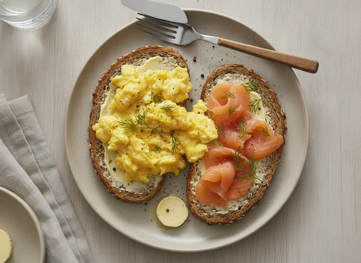 Rührei mit Räucherlachs auf Vollkornbrot photo