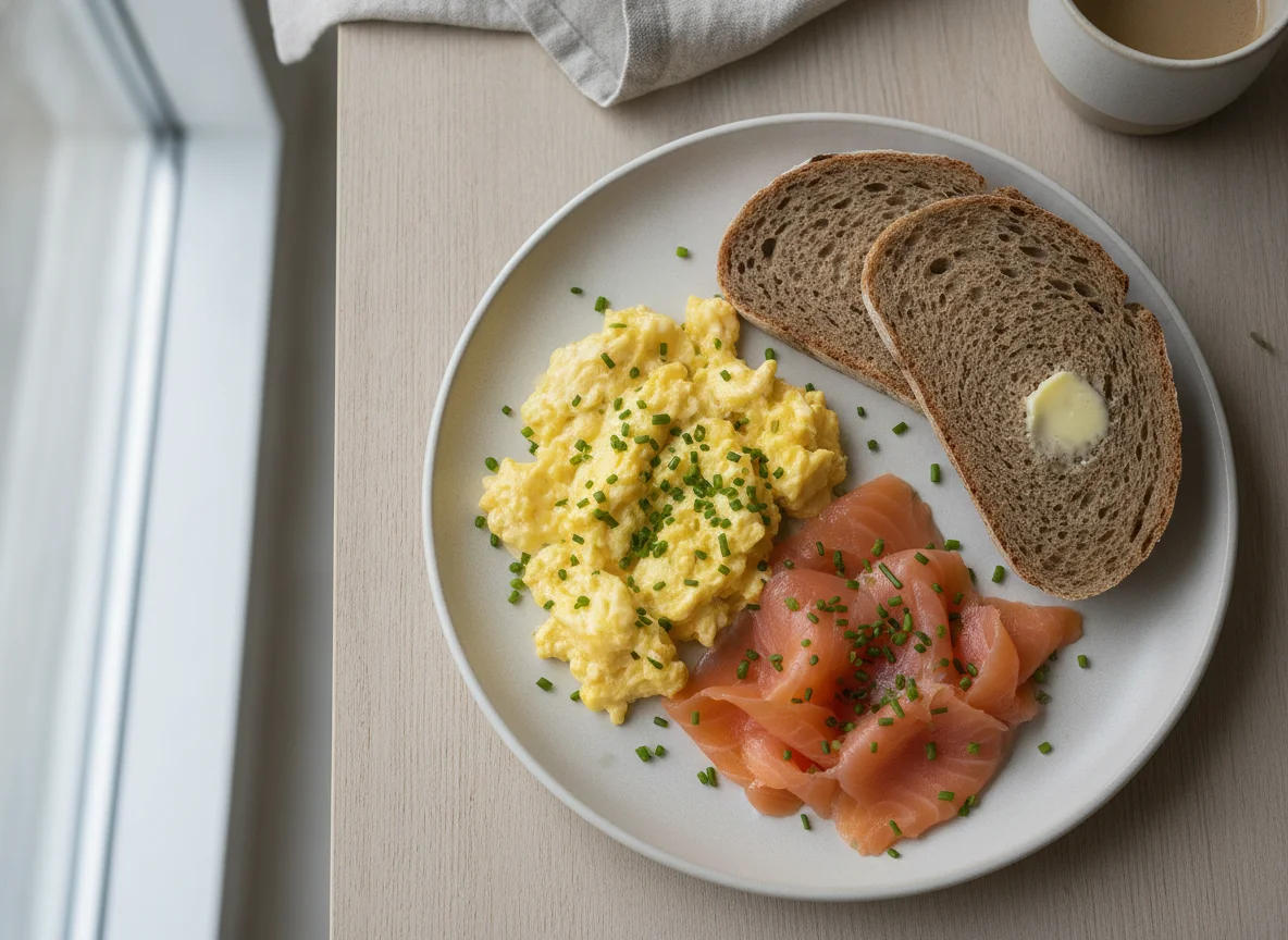 Rührei mit Räucherlachs und Graubrot photo