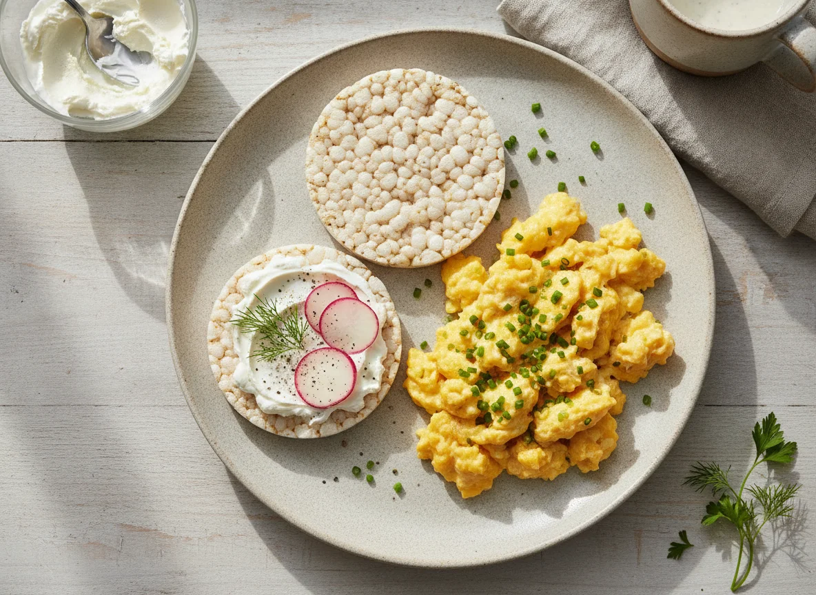 Rührei mit Reiswaffeln und Frischkäse photo