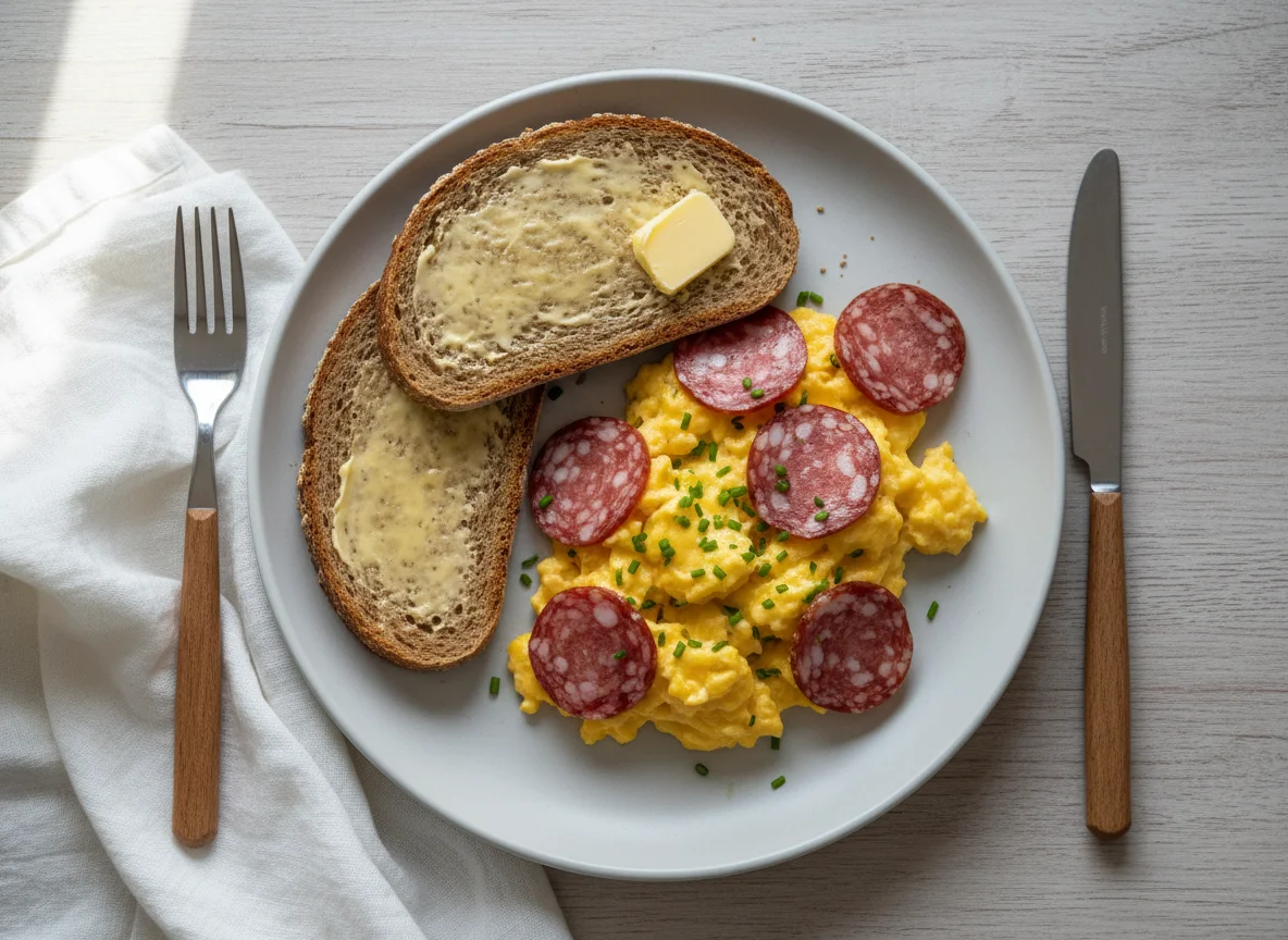 Rührei mit Salami und Butterbrot photo