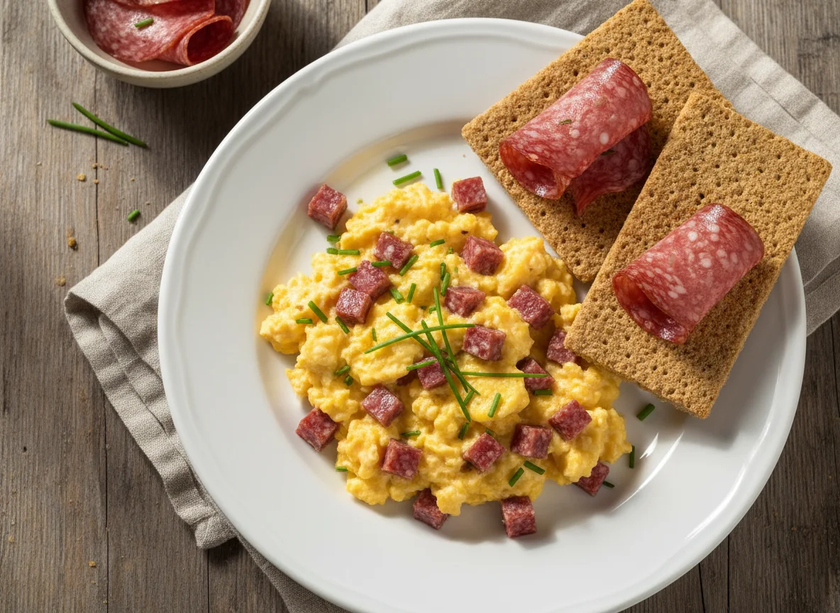 Rührei mit Salami und Knäckebrot photo