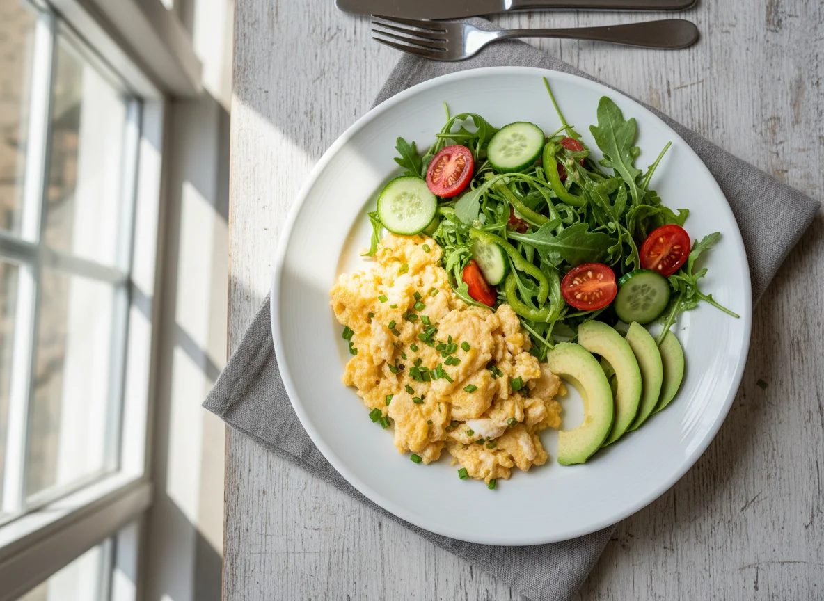 Rührei mit Salat und Avocado photo