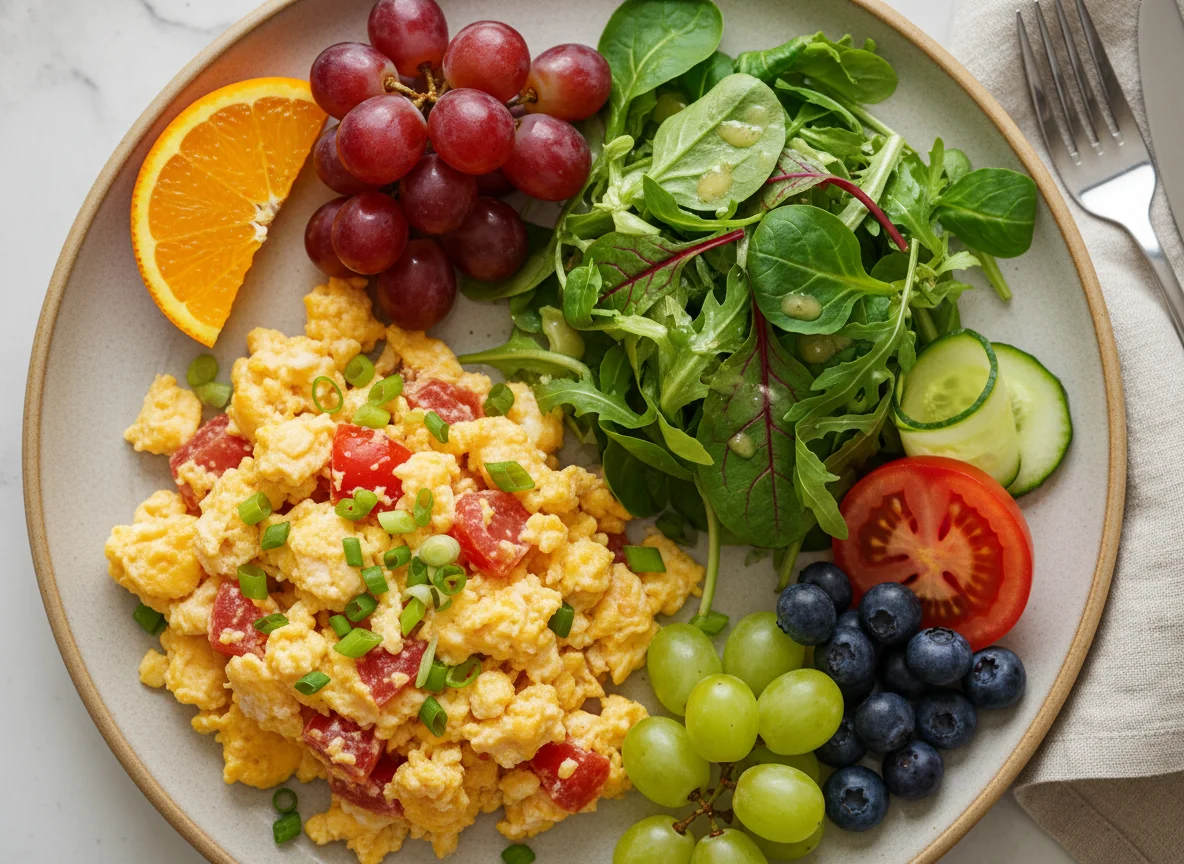 Rührei mit Salat und Früchten photo