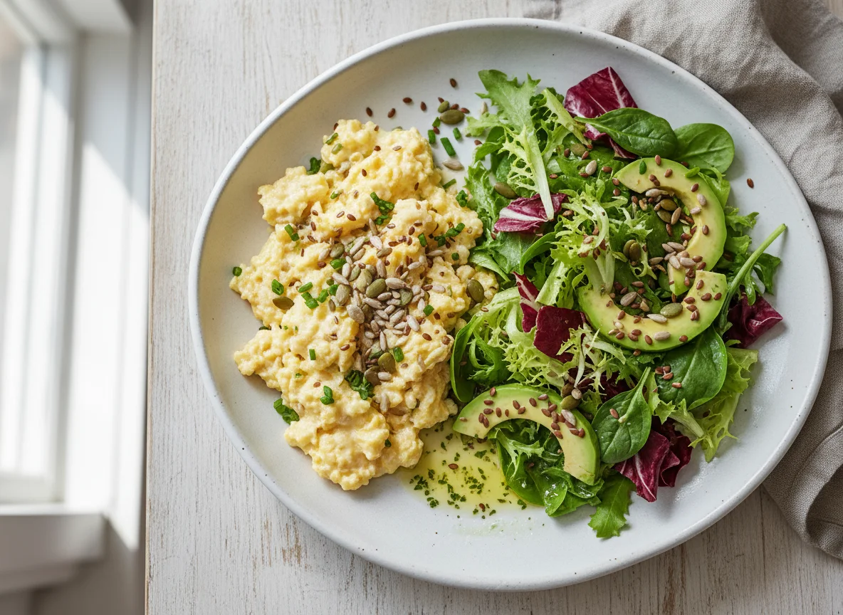 Rührei mit Salat und Kernen photo