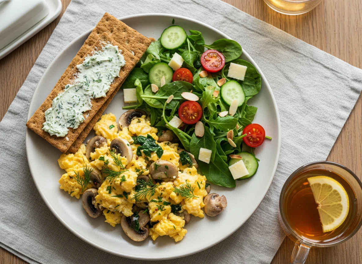 Rührei mit Salat und Knäckebrot photo