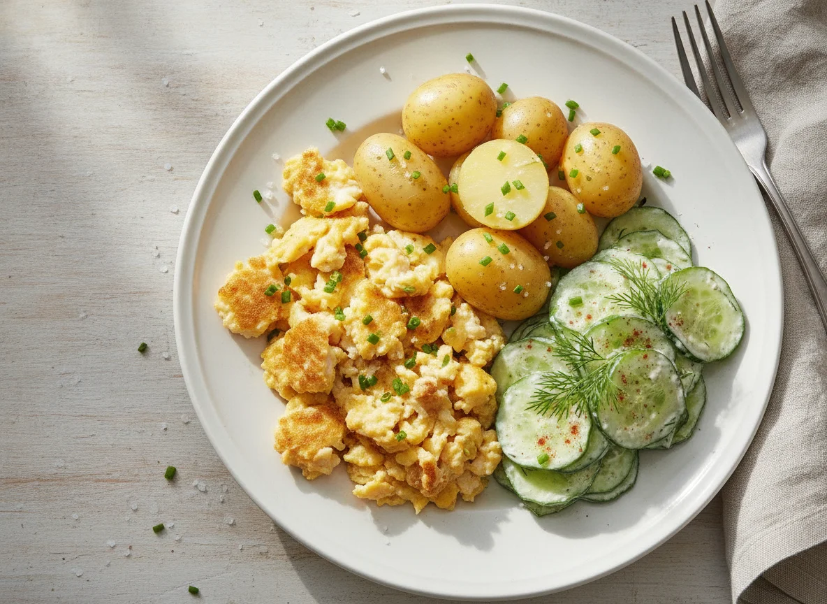 Rührei mit Salzkartoffeln und Gurkensalat photo