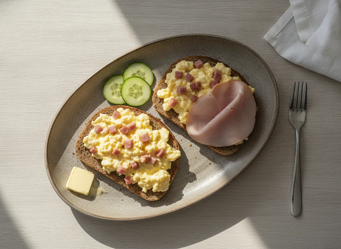 Rührei mit Schinken auf Brot photo