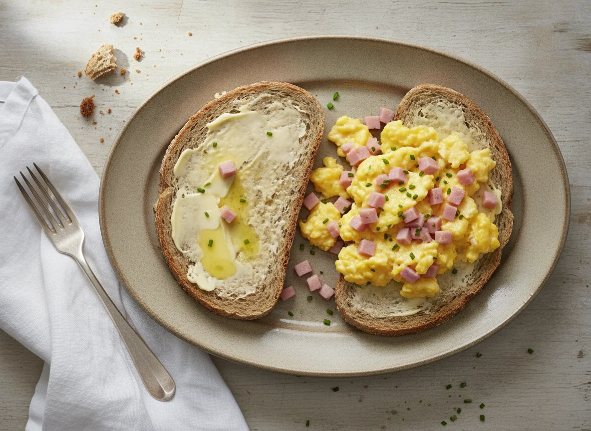 Rührei mit Schinken auf Graubrot photo