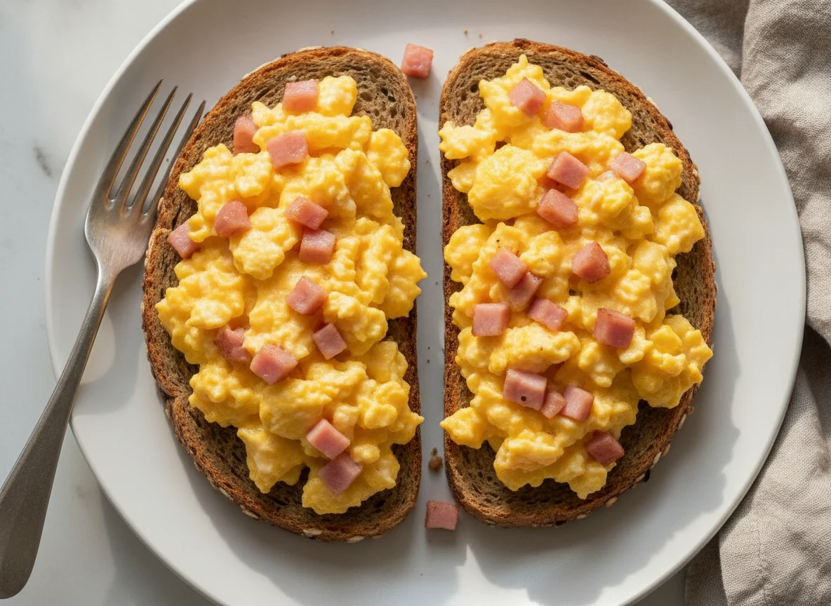 Rührei mit Schinken auf Vollkornbrot photo