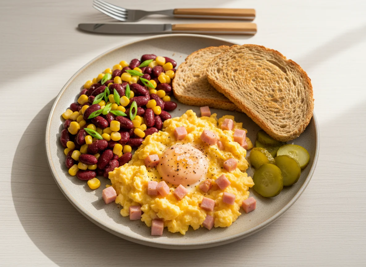 Rührei mit Schinken, Bohnen und Toast photo