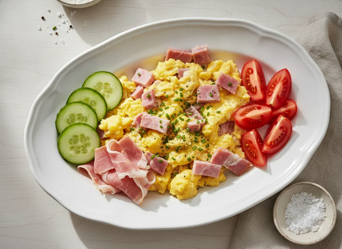 Rührei mit Schinken, Gurken und Tomaten photo