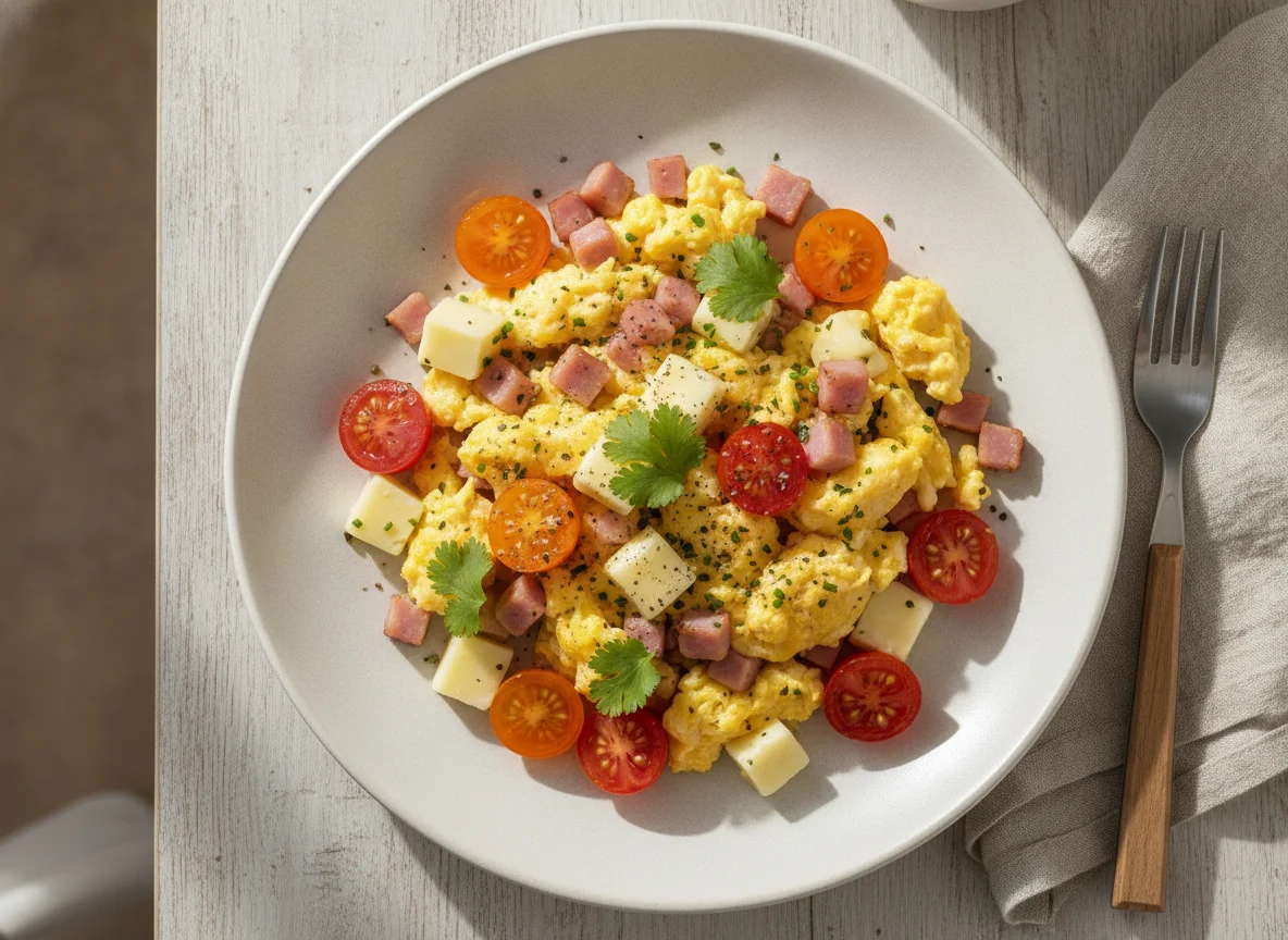 Rührei mit Schinken, Käse und Tomaten photo