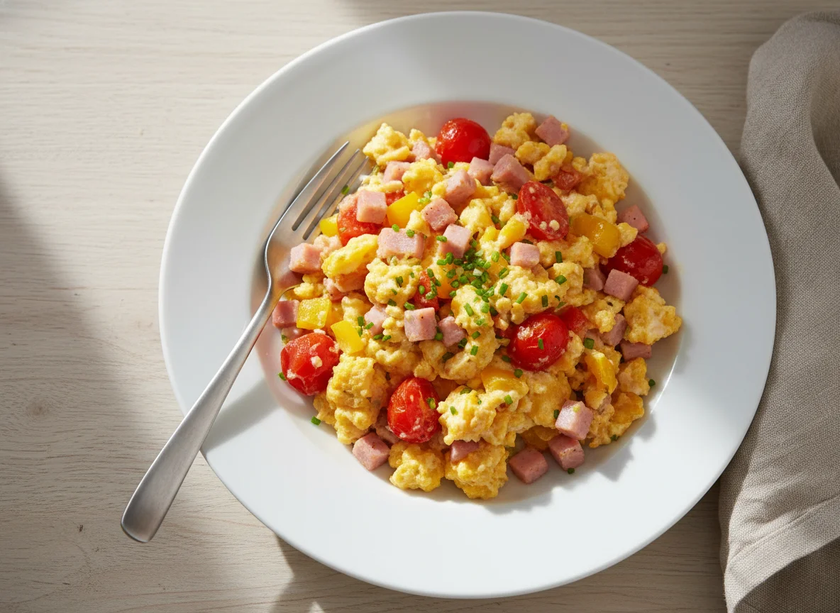 Rührei mit Schinken, Paprika und Tomaten photo