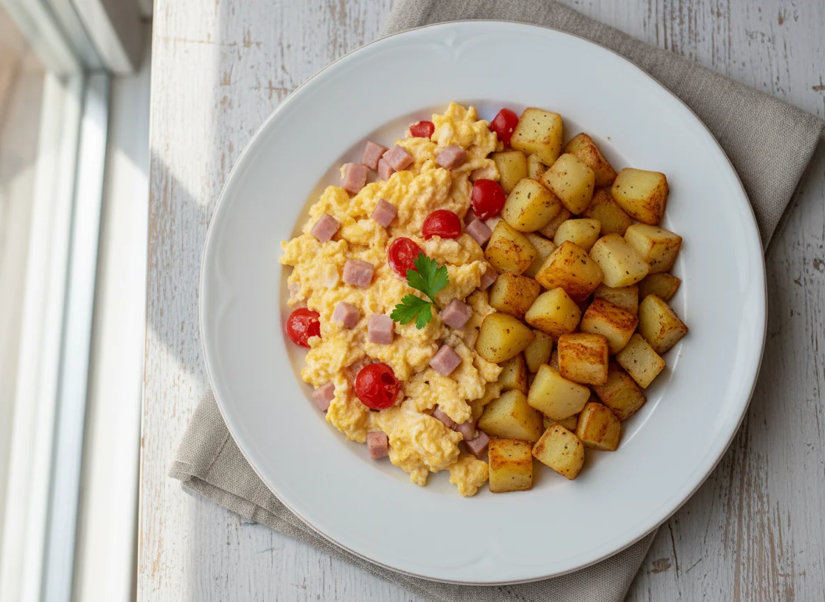 Rührei mit Schinken, Tomaten und Kartoffeln photo