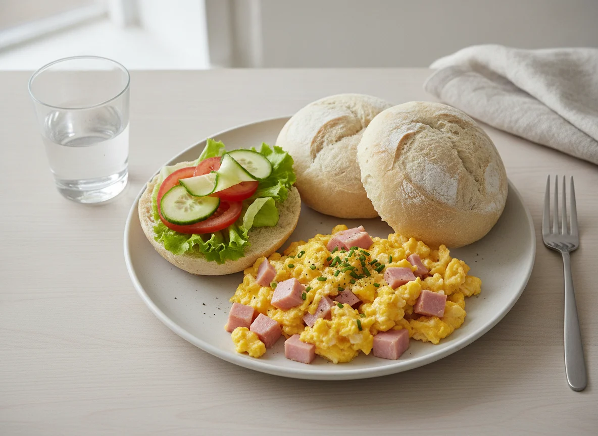 Rührei mit Schinken und Brötchen photo
