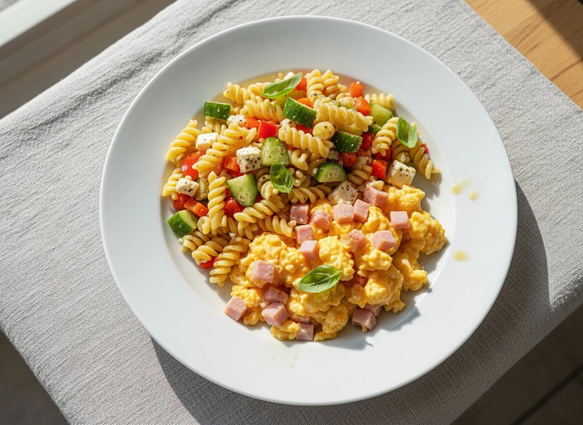 Rührei mit Schinken und Nudelsalat photo