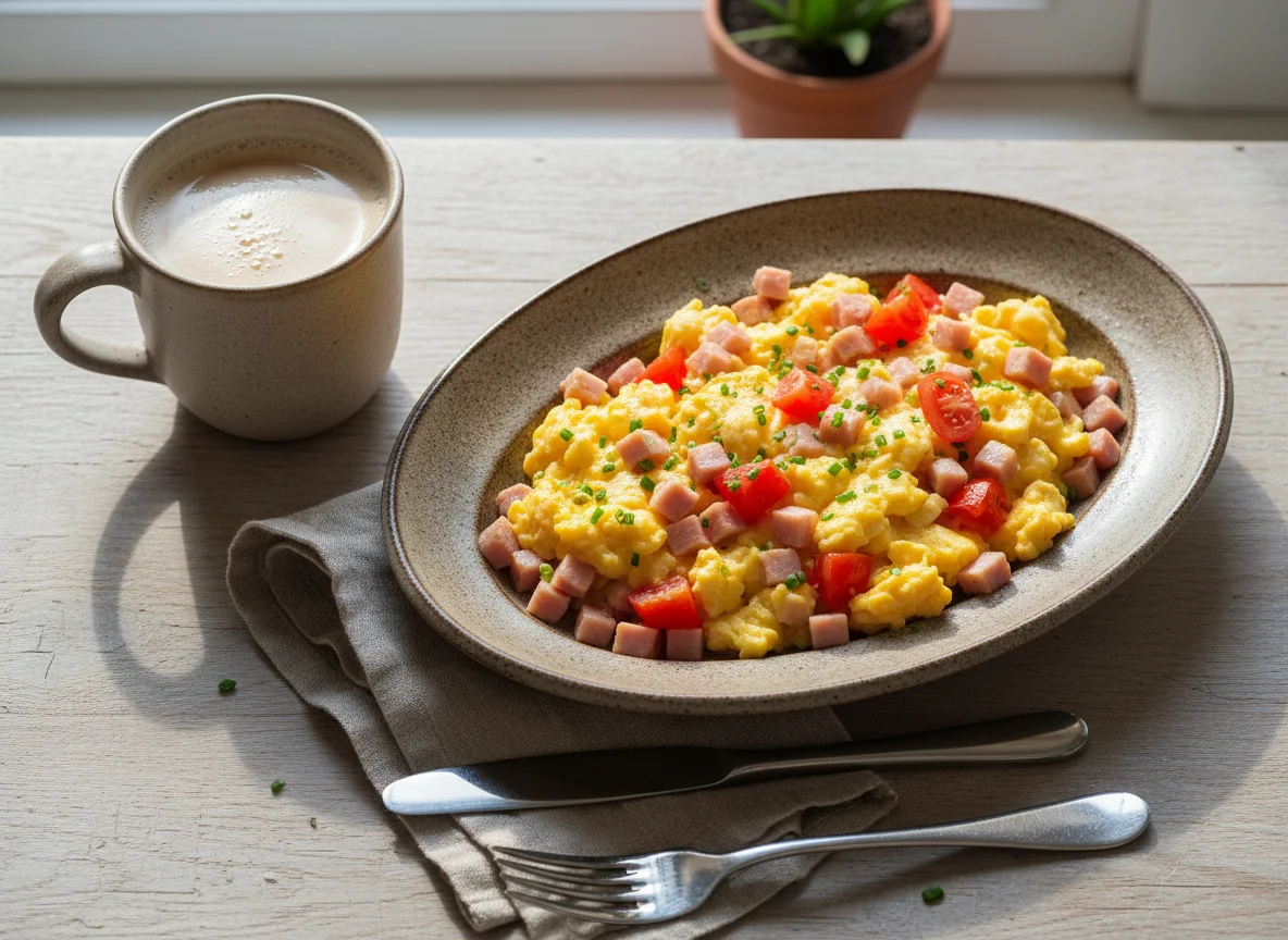 Rührei mit Schinken und Tomaten photo