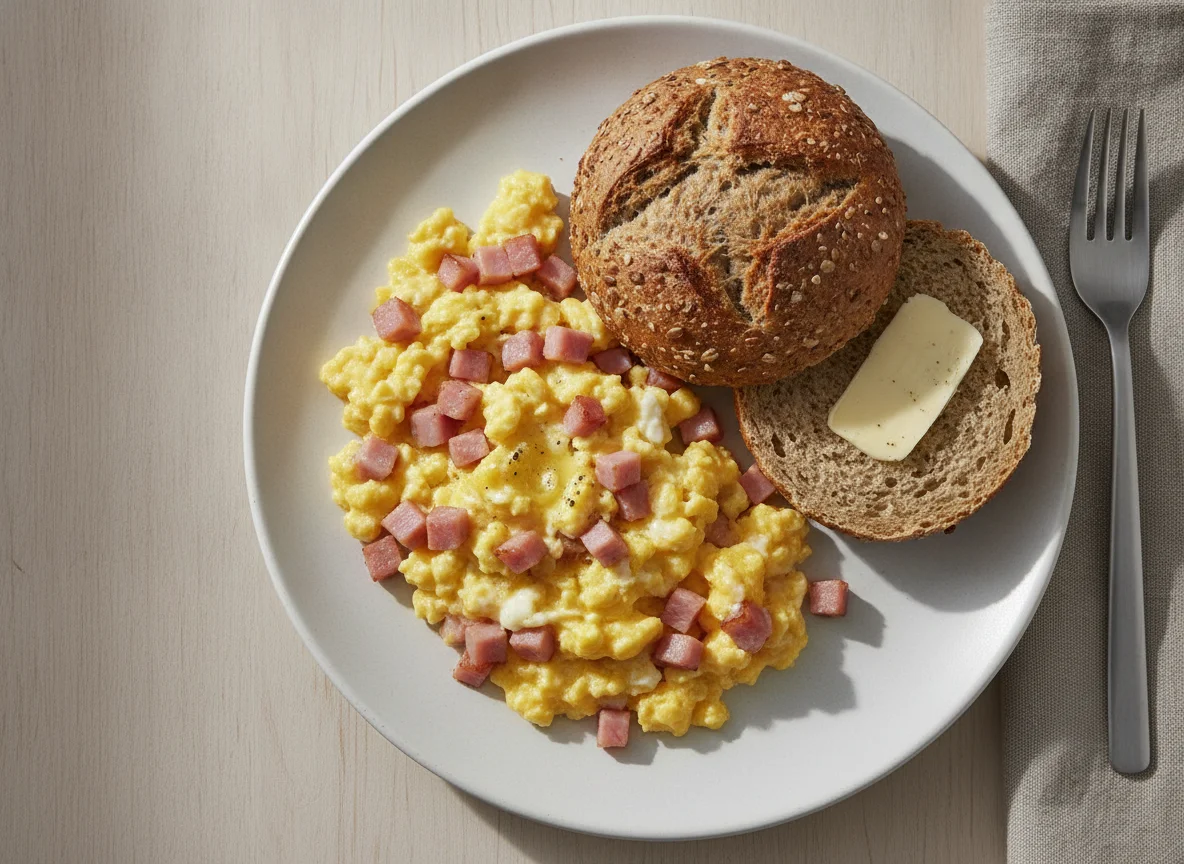 Rührei mit Schinken und Vollkornbrötchen photo